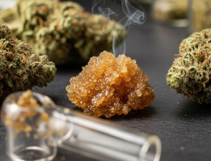Cristais de cannabis com fumaça ao fundo