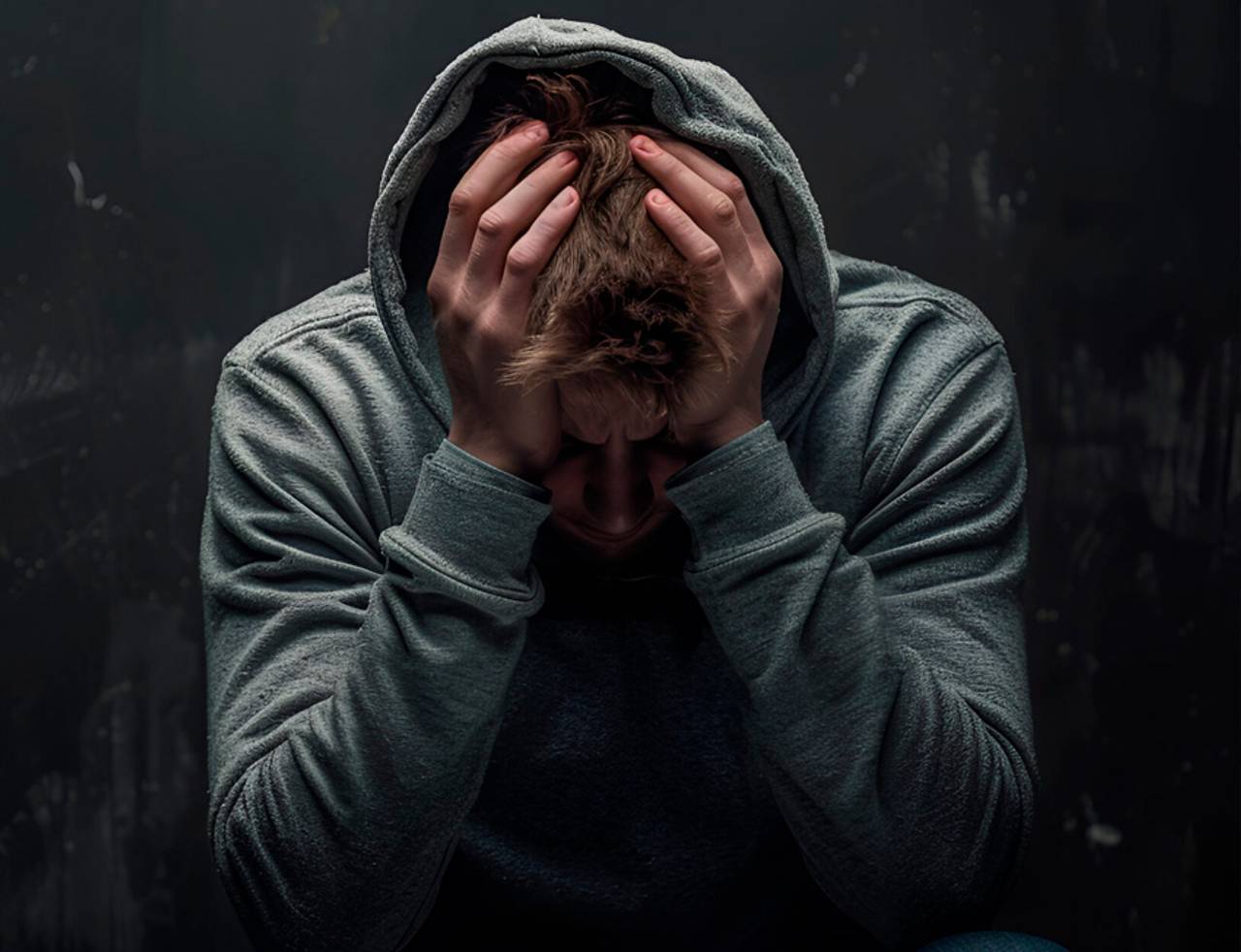 homem de capuz com a mão na cabeça