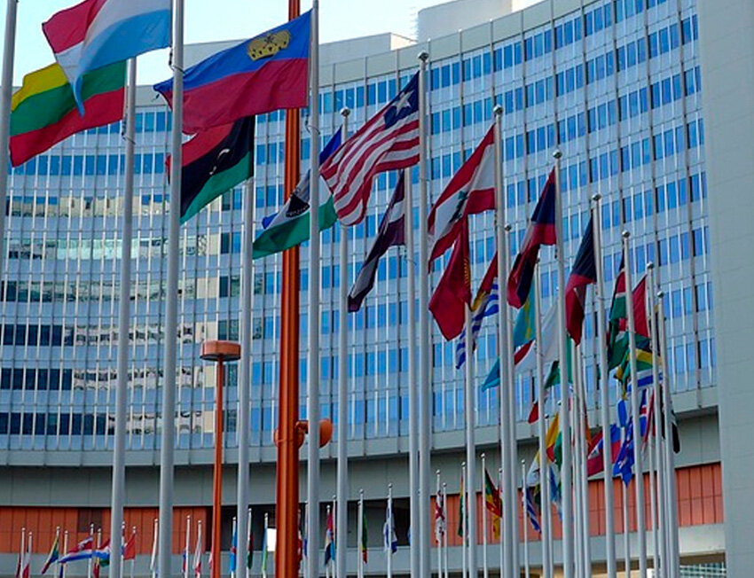 Várias bandeiras de países em frente a um edifício moderno.