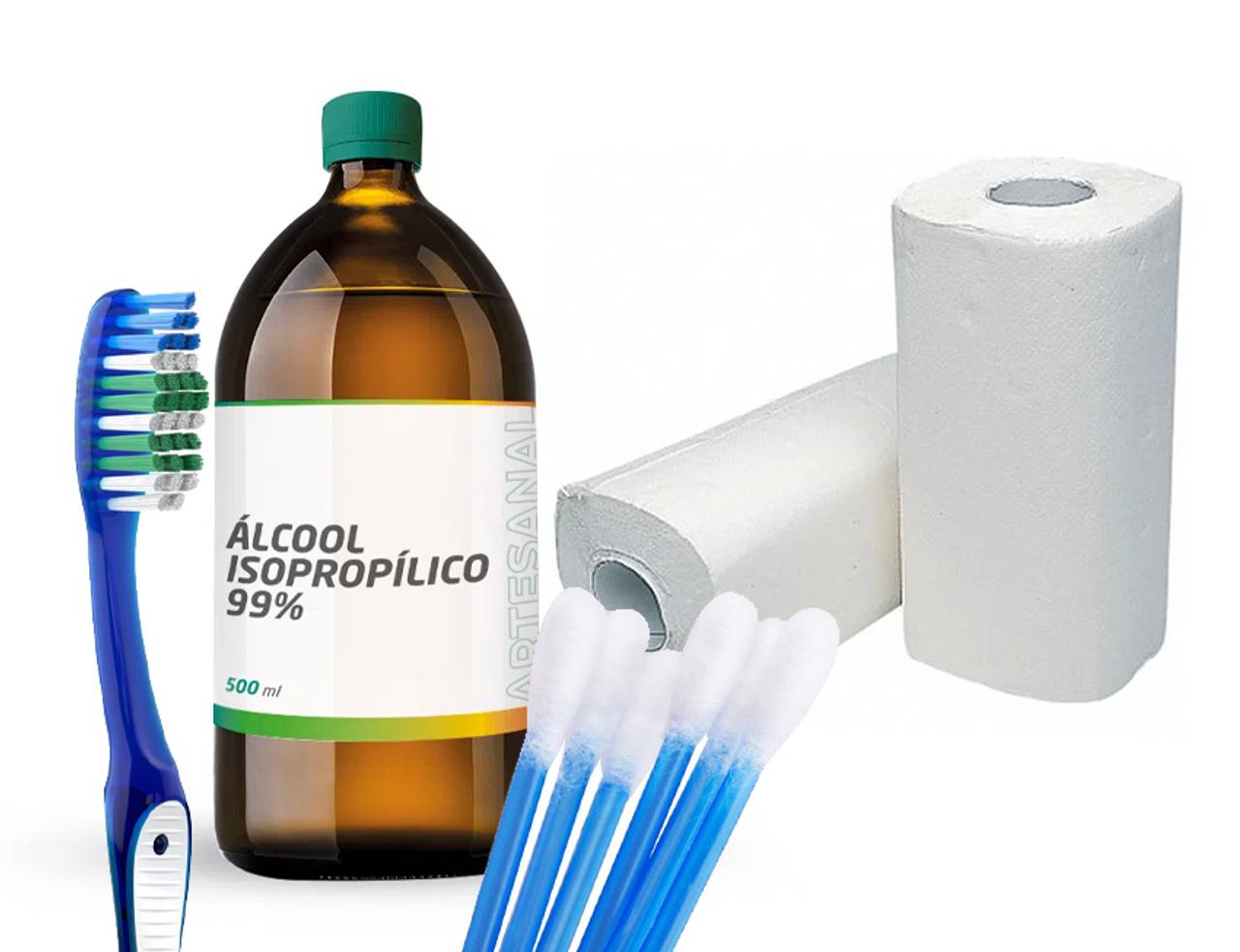 materiais usados para limpar um dichavador: escova, cotonete e outros