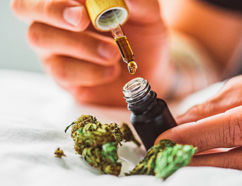 mão feminina segurando um conta gotas com óleo de cbd dentro