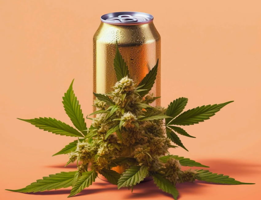 uma lata de cerveja com flor de maconha na frente