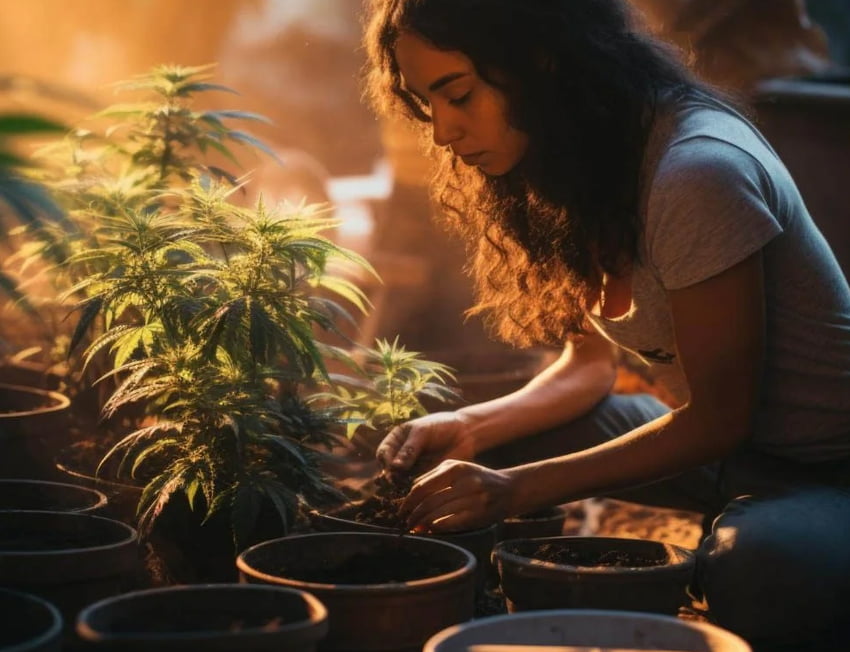 menina de cabelo cacheado em uma estufa cuidando de uma muda de 24k gold