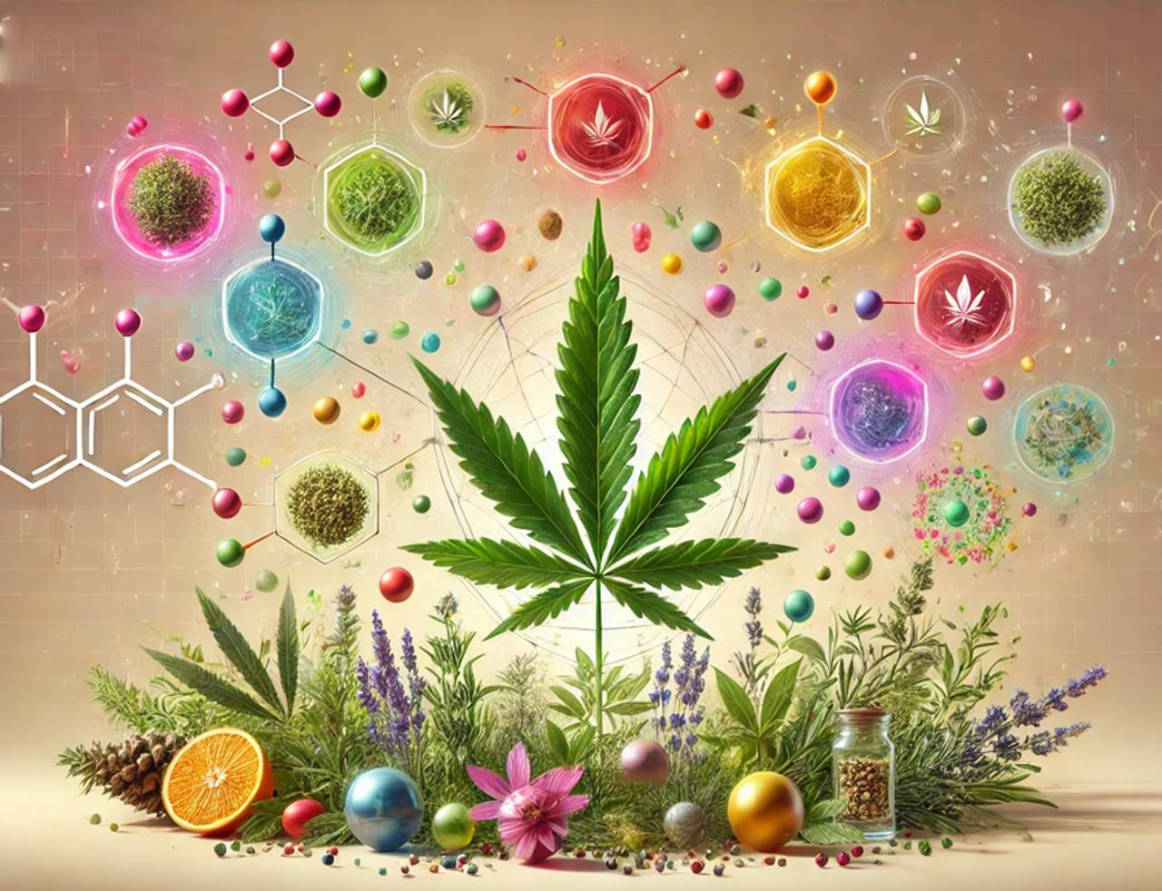 terpenos em volta de uma folha de cannabis