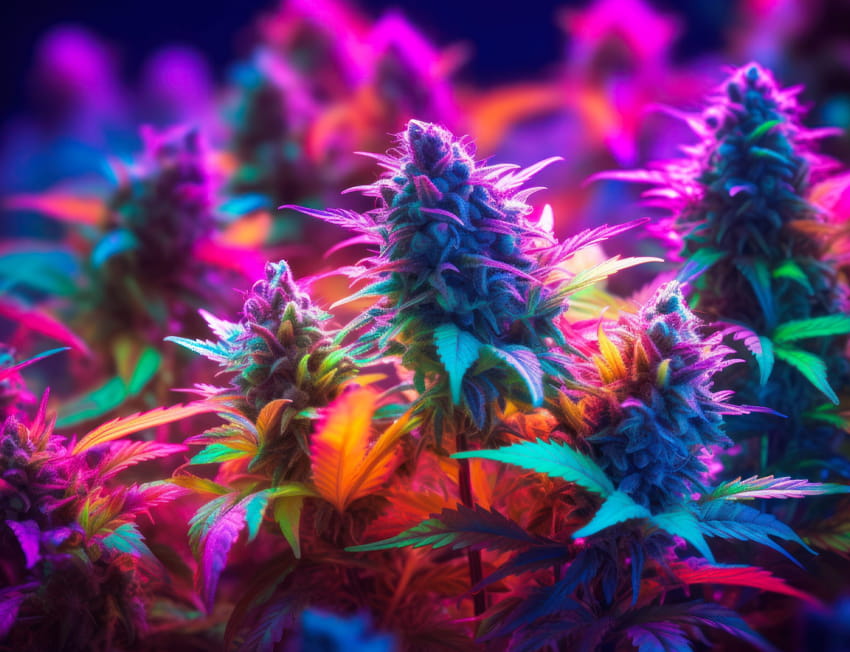 flor da maconha manga rosa com um efeito colorido e alucigenoso