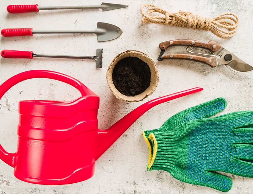 ferramentas de jardinagem para cuidar da muda de maconho: luvas, tesouras, regador e outras coisas.
