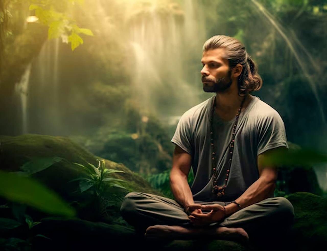 homem sentado em uma floresta com explessão reflexiva