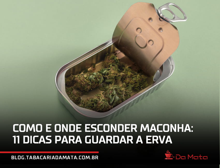 Maconha dentro de uma lata de sardinha semi-aberta com o texto sobreposto: 