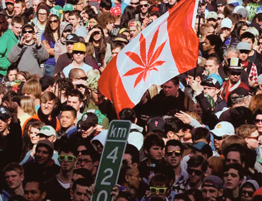 Multidão segurando bandeira com folha de maconha