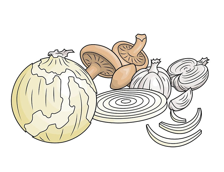 Diversos tipos de cebolas e cogumelos frescos