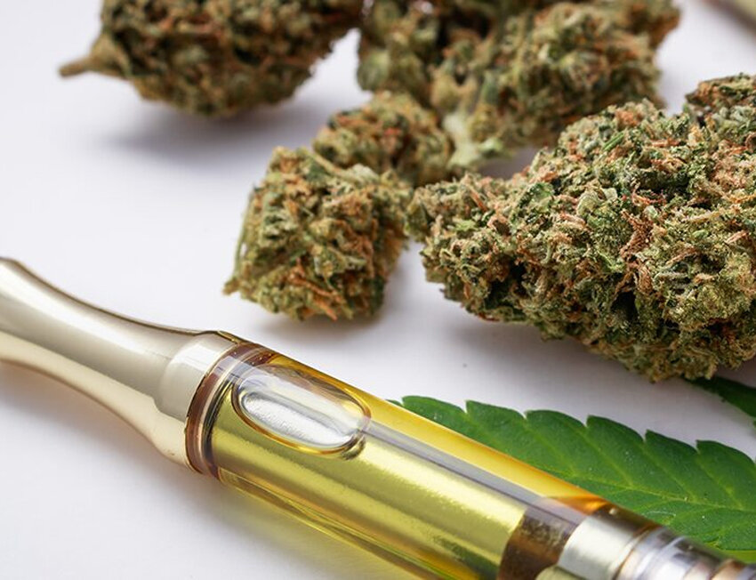 Vaporizer e flores de cannabis sobre fundo branco