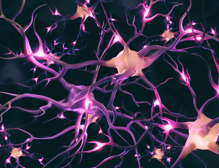 Ilustração de neurônios com brilho violeta