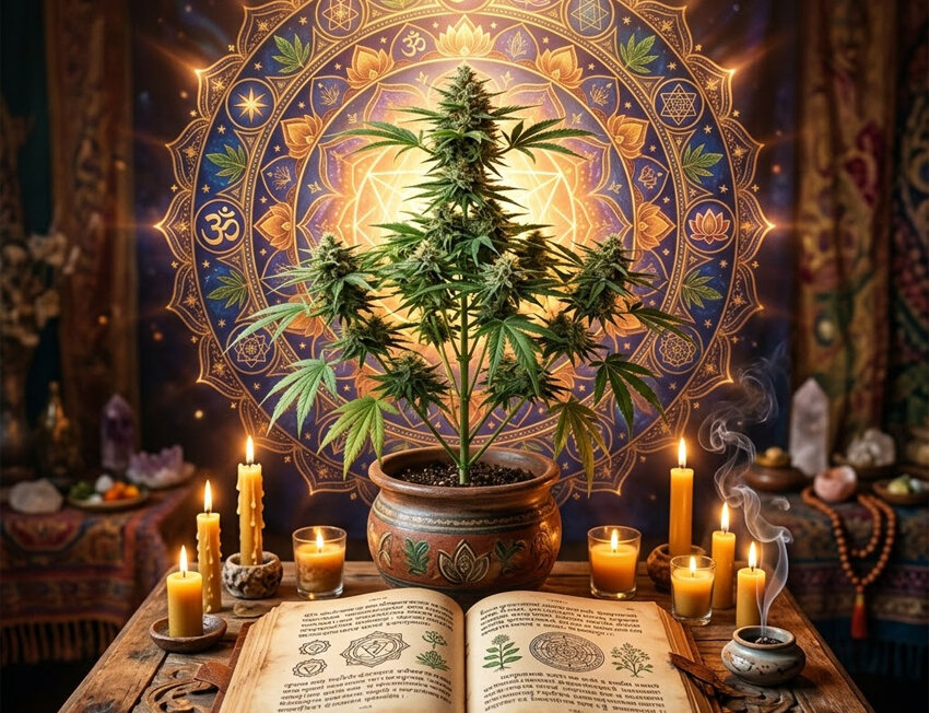 Planta de cannabis com velas ao fundo em ambiente espiritual