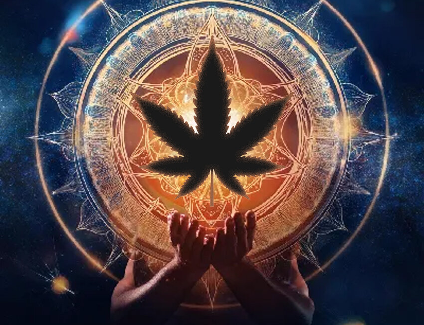 Símbolo de cannabis em fundo místico e cósmico