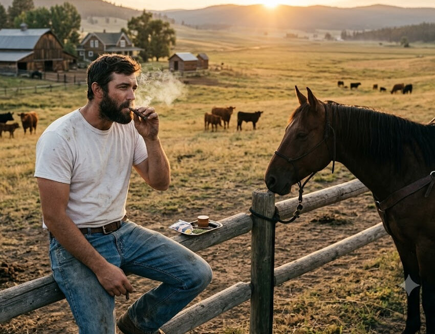Homem fumando ao lado de um cavalo em campo aberto.