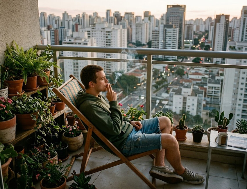 Homem relaxando em varanda verde com vista da cidade