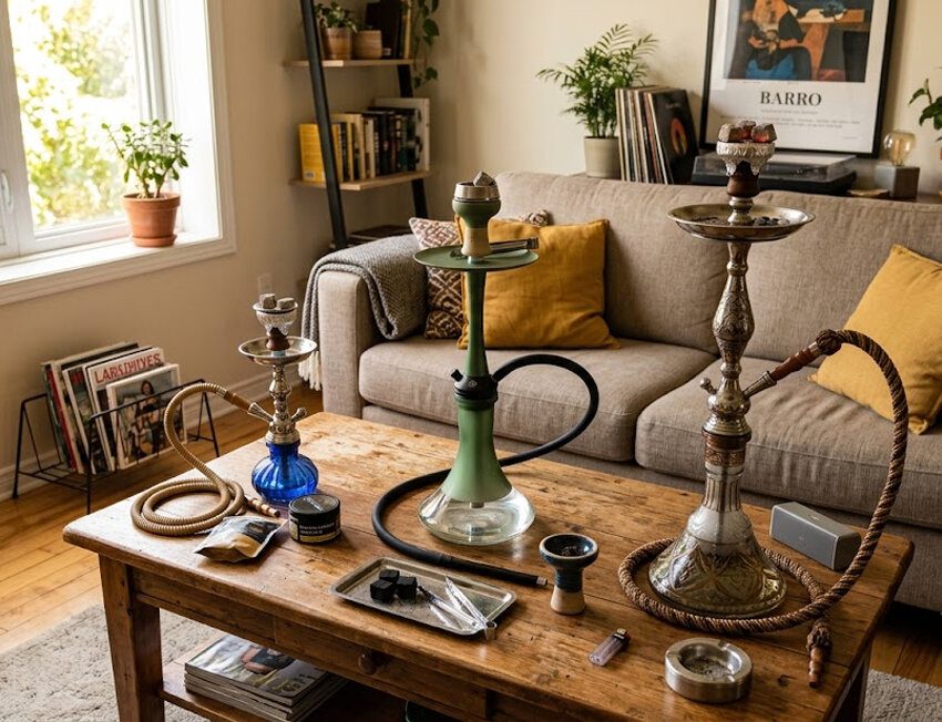 Mesa com narguilés e utensílios de fumo