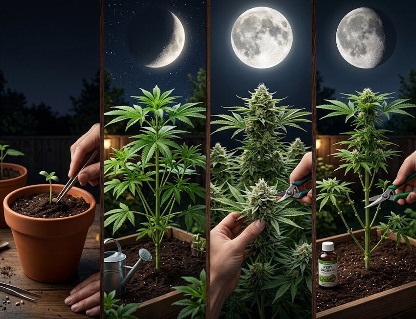 Cultivo da cannabis em quatro etapas sob luz da lua.