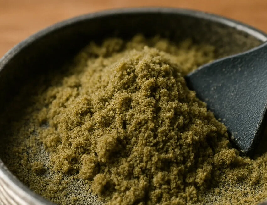 Pó verde de especiarias em um recipiente de cerâmica